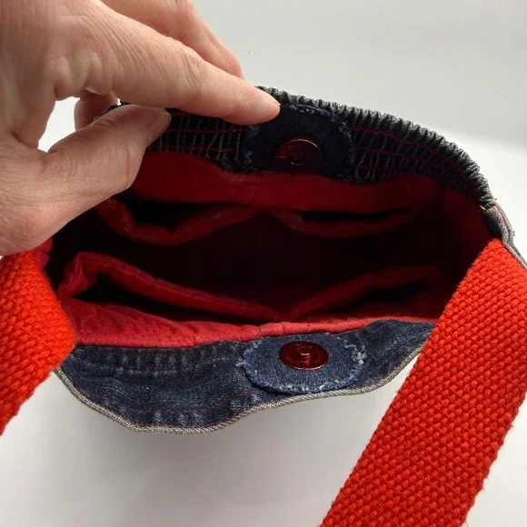 Handmade Denim‎ Jean Purse Red Trim Bow Accent Snap Closure - Picture 6 of 14